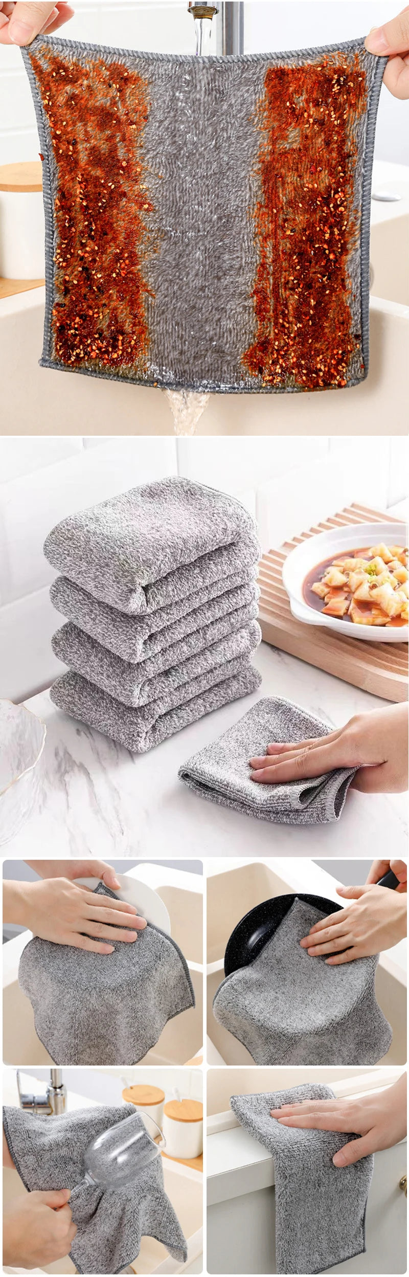 10 pcs Gray Bamboo Charcoal Dishcloth